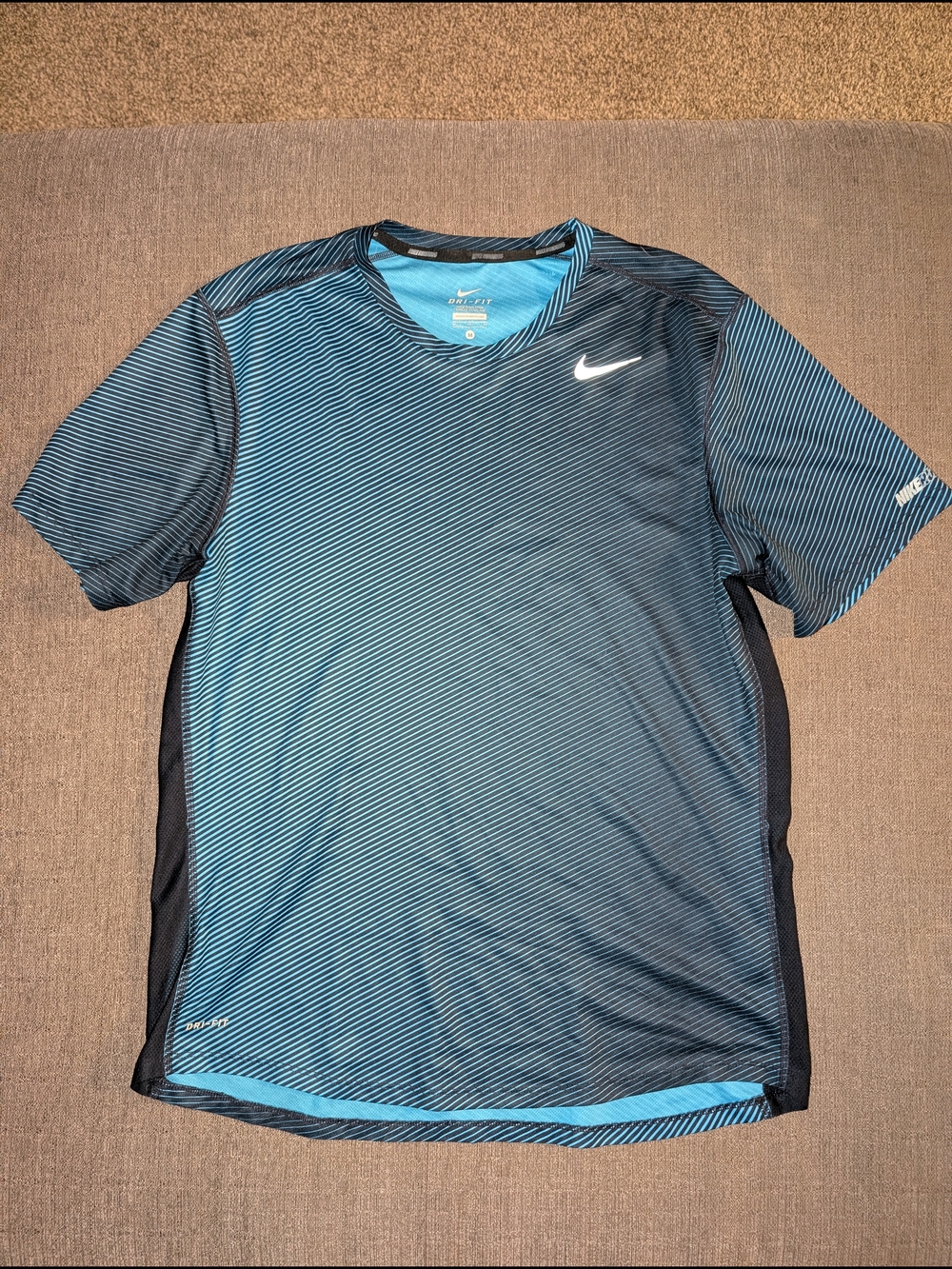 Nike Men’s Teal and Black Striped Dri-FIT Short Sleeve Tee